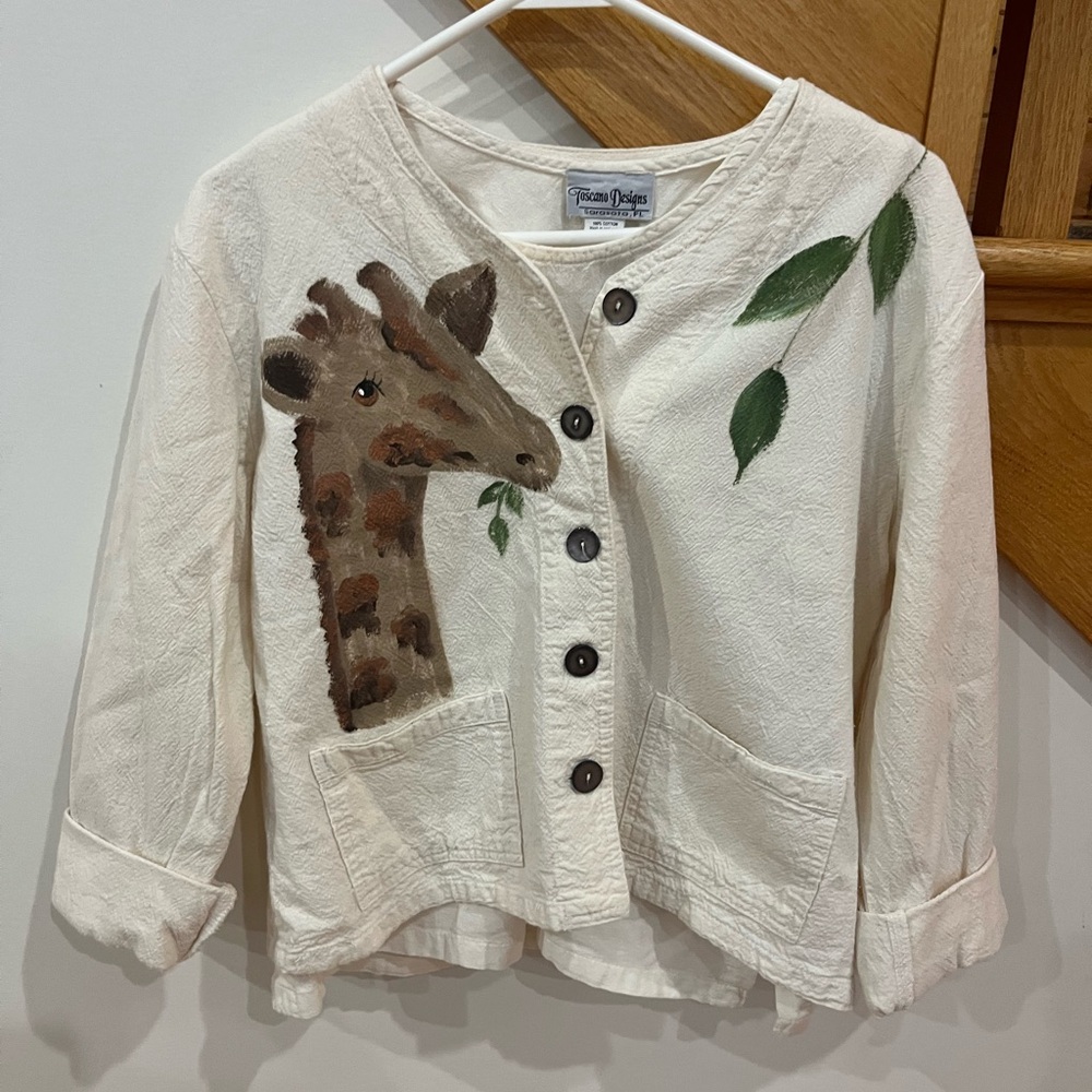 Hand-Painted Giraffe Cotton Jacket - Cream